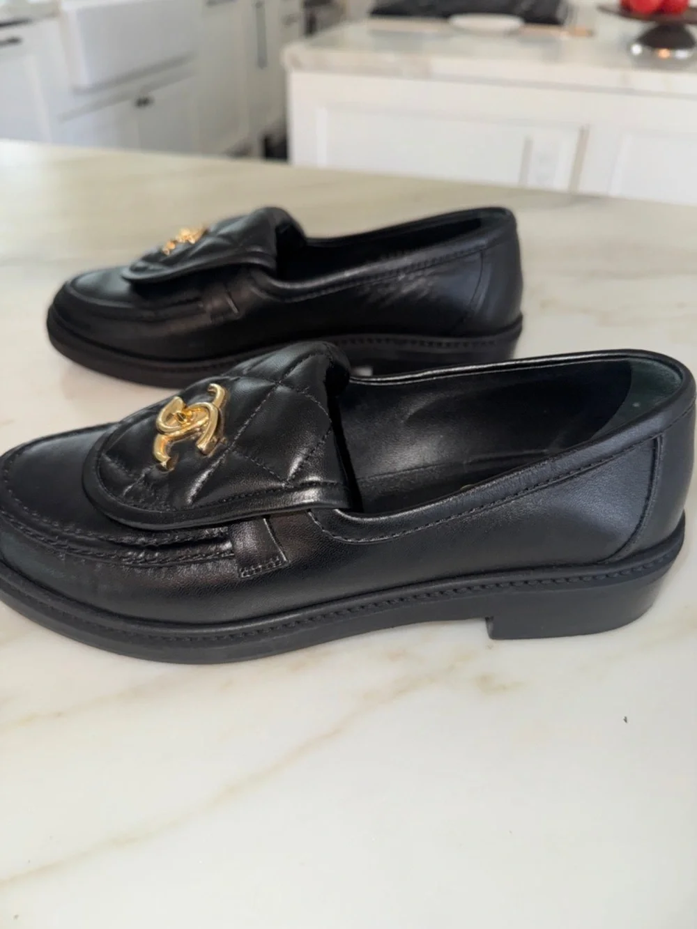 CHANEL Black Quilted Leather Loafers with Gold CC Emblem - Picture 3 of 7